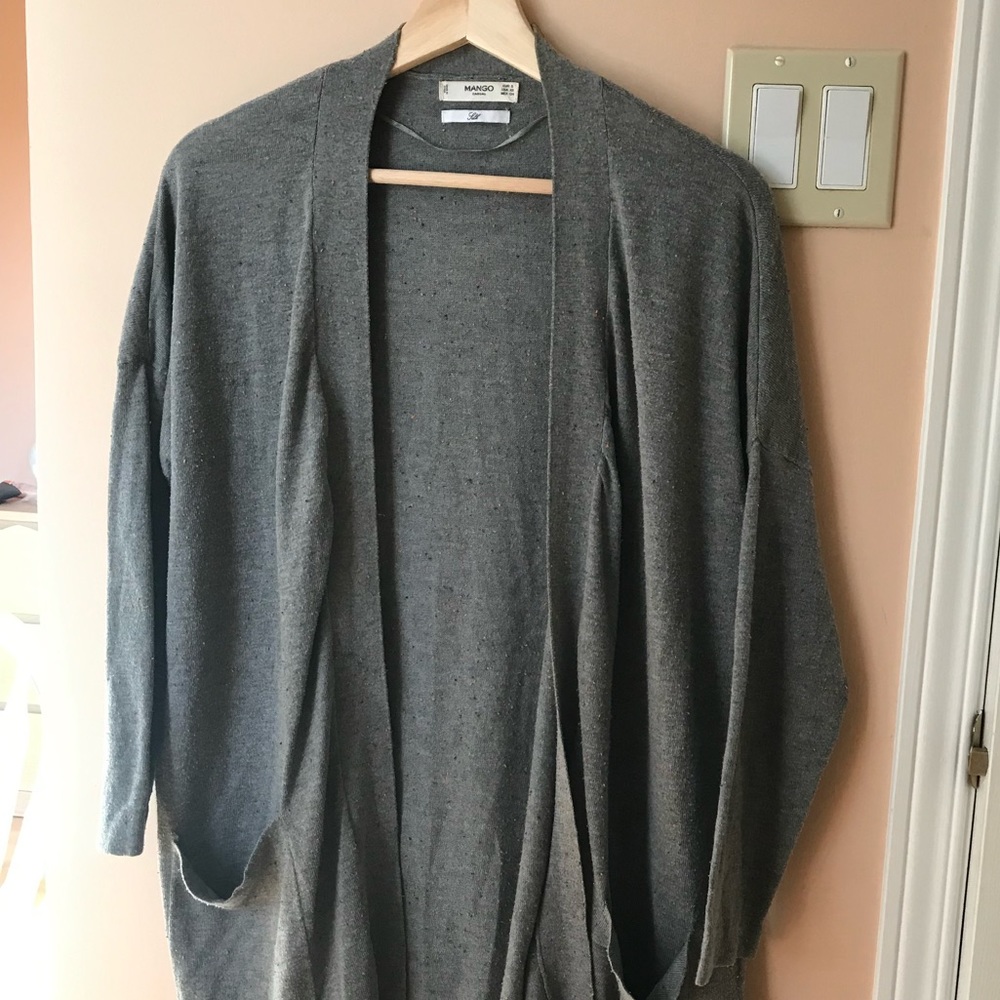 Loose Mango gray Cardigan for coverup and warmth in the Fall weather.